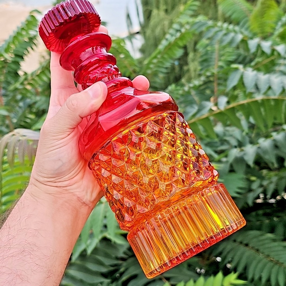 Cadmium Glass Yesteryear Decanter Amberina 10.25” With Stopper Stunning UV REACT